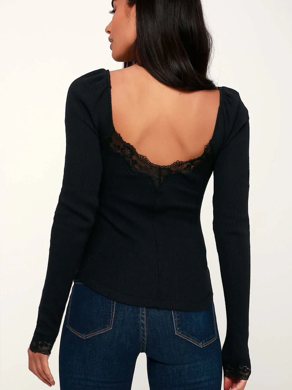 Free People To the West Black Lace Button Henley Ribbed Stretch Long Sleeve Top